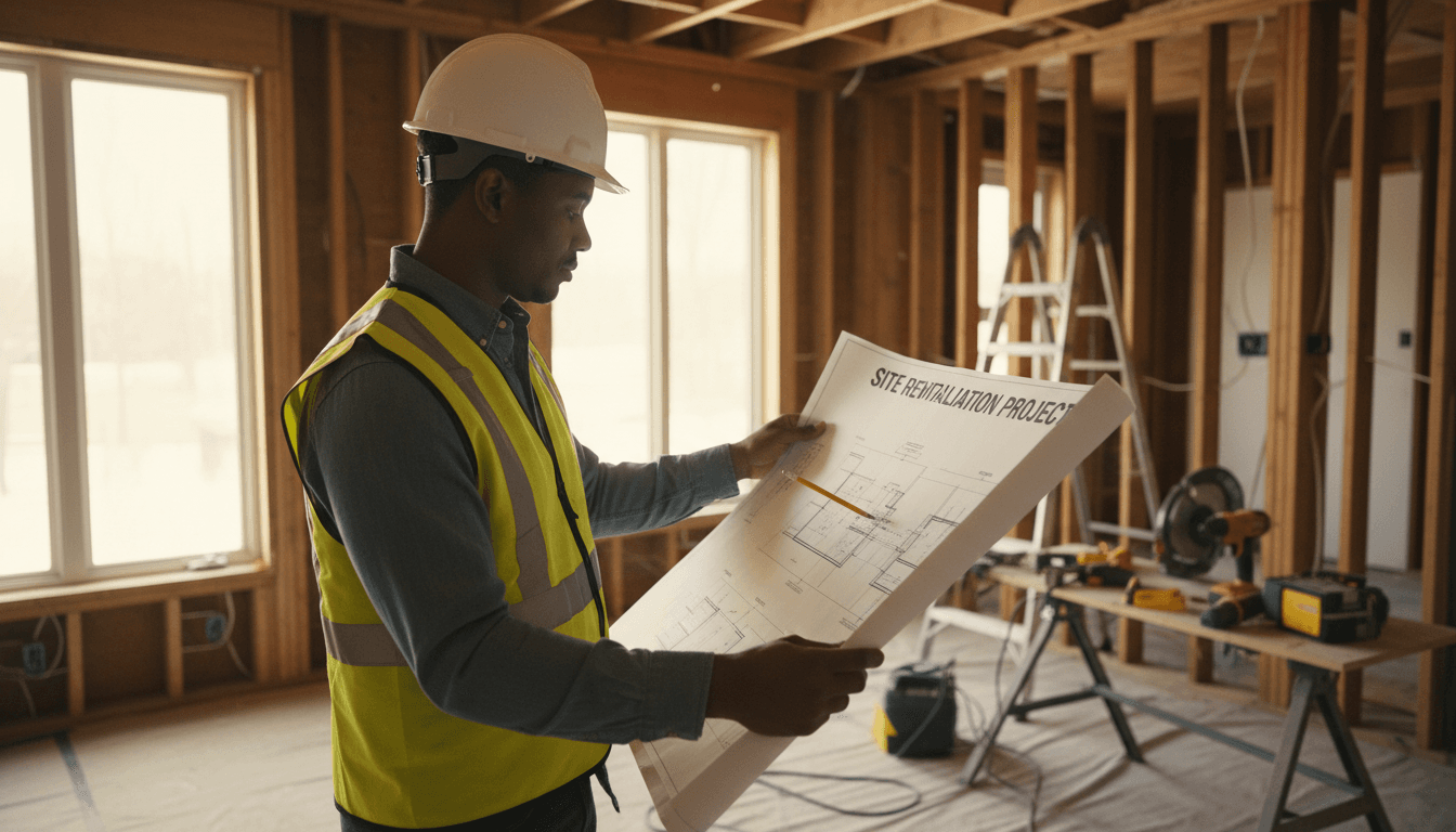 Gerente de proyecto revisando planos en una remodelación residencial