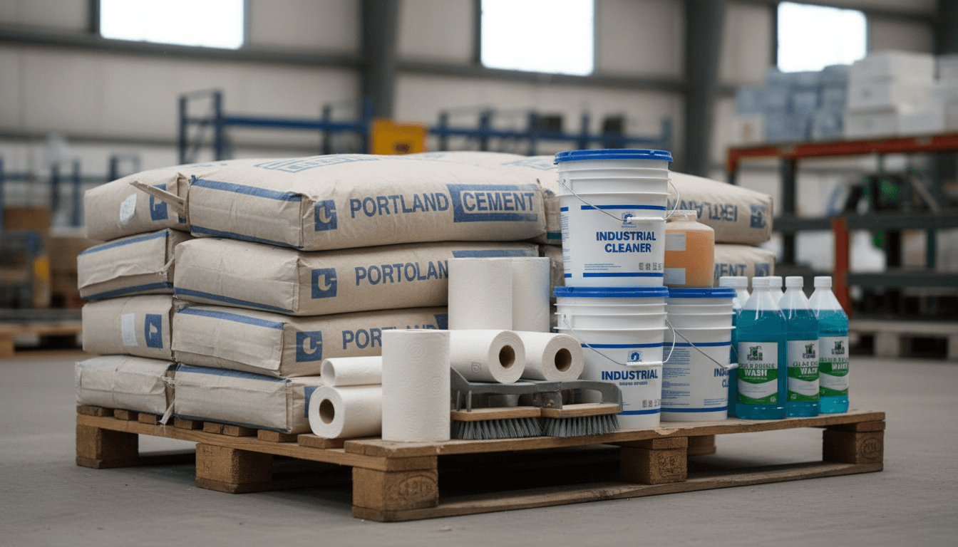 Materiales de construcción y productos de limpieza apilados en un almacén