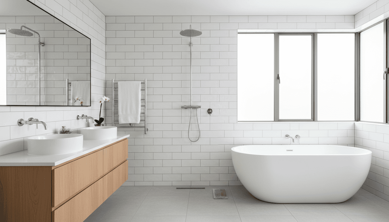 Baño remodelado con azulejos nuevos y ducha moderna