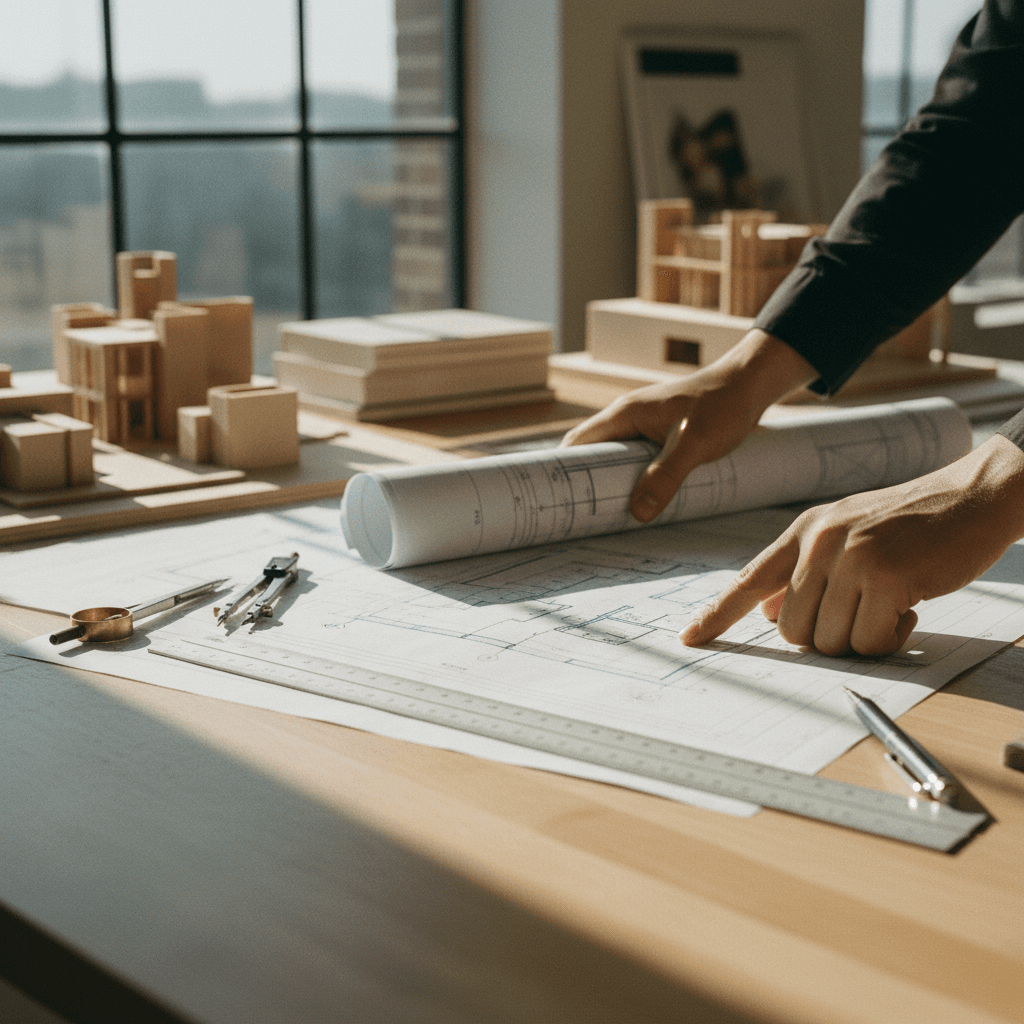 Planos de arquitectura sobre una mesa de dibujo con luz natural