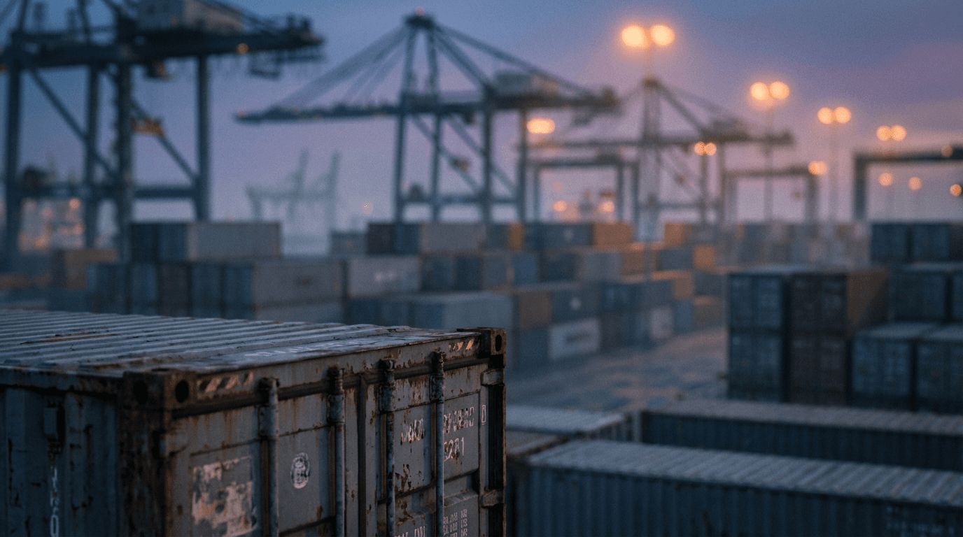 Puerto de carga con contenedores y grúas al atardecer, representando comercio internacional