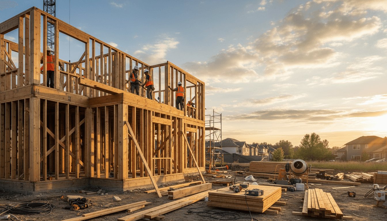 Residential construction site with timber framing and scaffolding under clear sky